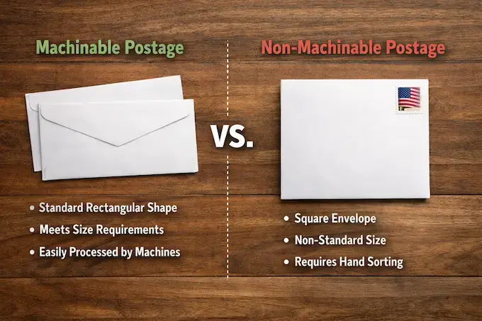 Diagram comparing standard rectangular USPS letter envelopes with square envelopes, illustrating size and shape factors that affect machinable versus non-machinable postage.