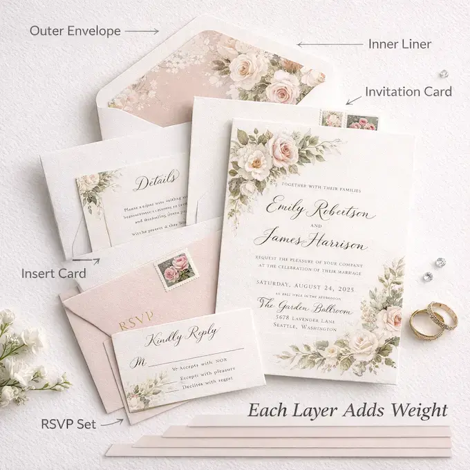 Exploded view of a wedding invitation suite showing outer envelope, liner, invitation card, RSVP set, and inserts to illustrate how each layer adds weight.