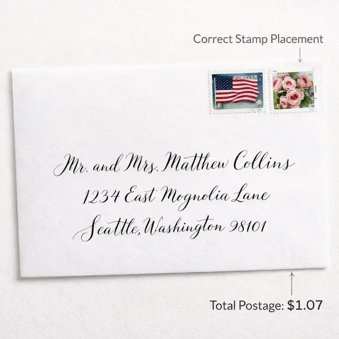 Diagram showing correct placement of multiple USPS stamps on a rectangular wedding envelope to total one dollar and seven cents in postage.